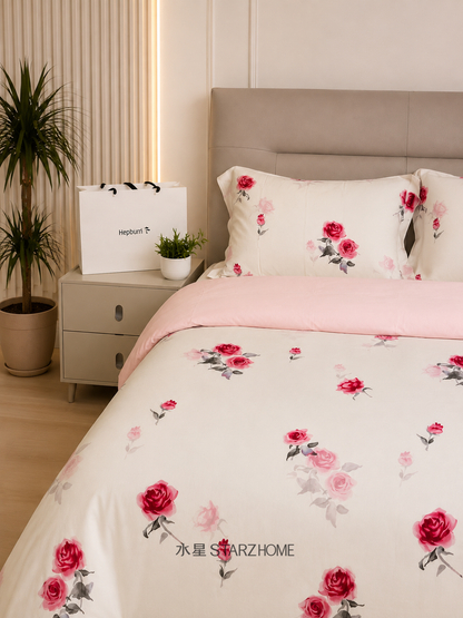 Hepburn T.|Lenjerie de Pat 4 Piese| Trandafir al Bailor| 100% Tencel